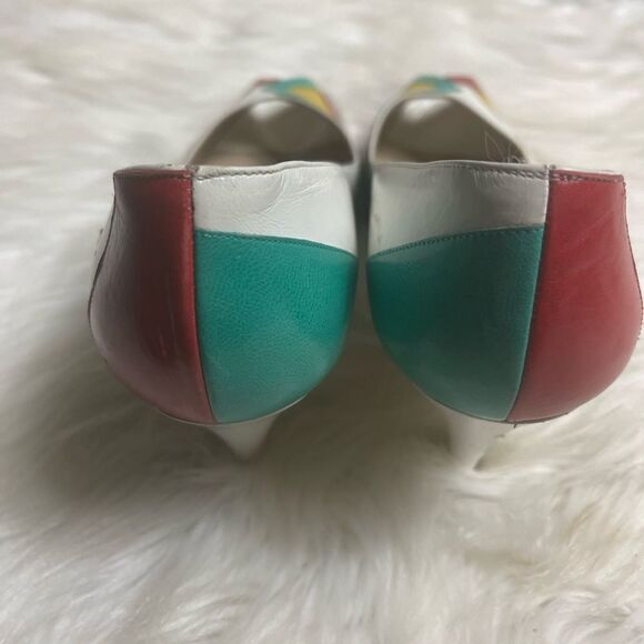 Bruno Magli leather multi color patchwork slip on heels peep toe size 7.5 - Picture 3 of 9